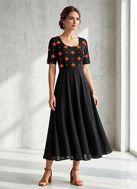 Black Blended Cotton Fit And Flare Midi Dress