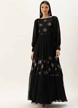 Black Chinnon Embroidered N Sequins Gown