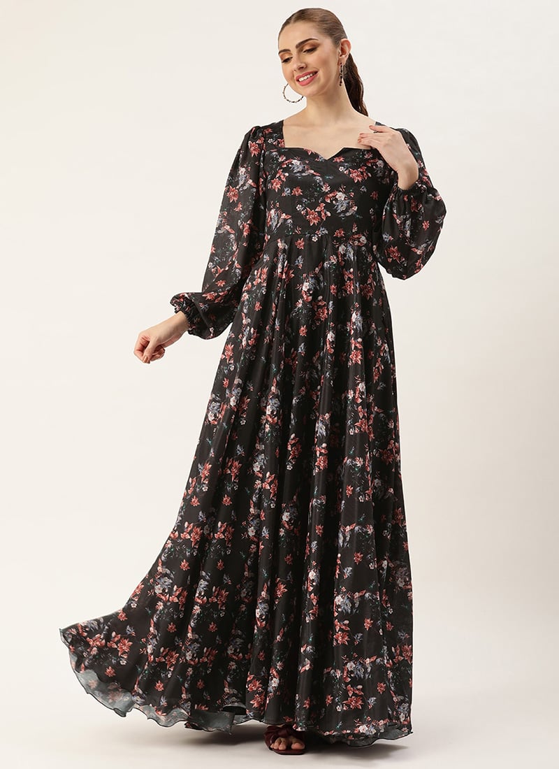 Black Chinon Digital Printed Gown Party Wear