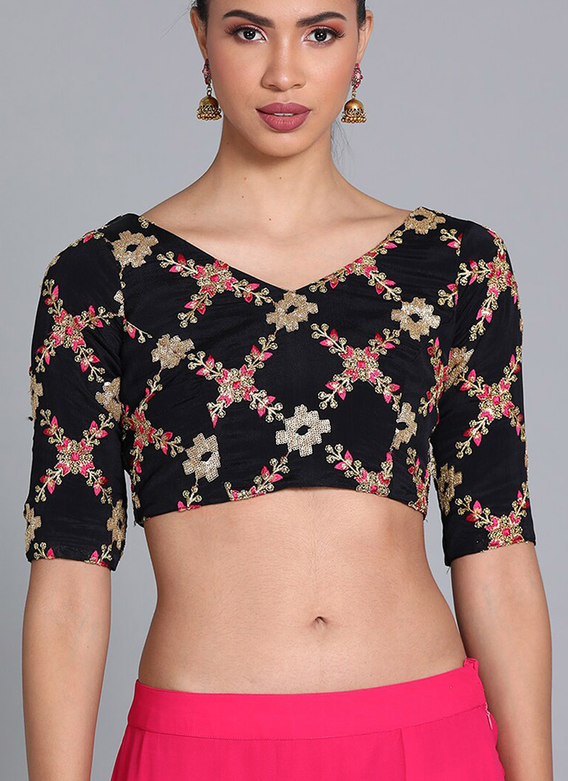 Black Chinon Embroidered Blouse Festive Wear