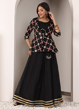 Black Chinon Embroidered Jacket Style Lehenga