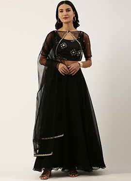 Black Chinon Embroidered Lehenga