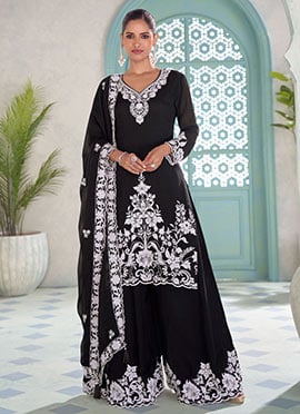 Black Chinon Embroidered Palazzo Suit