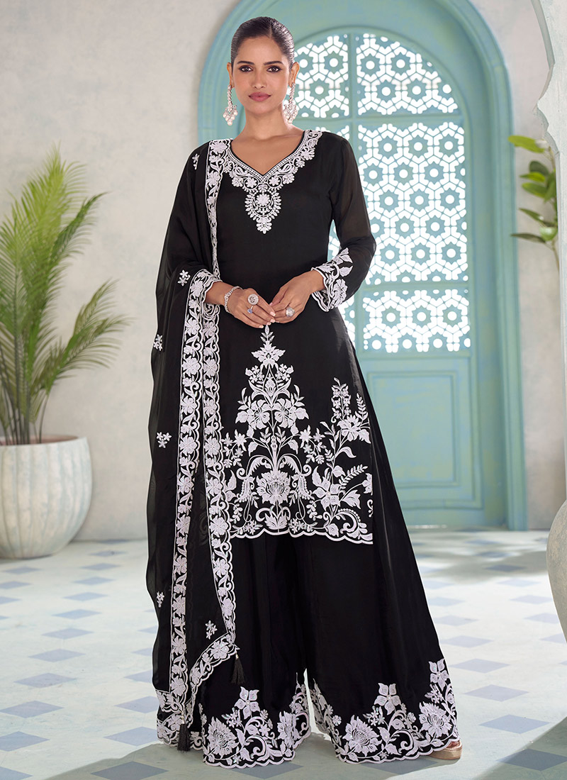 Black Chinon Embroidered Palazzo Suit Festive Wear
