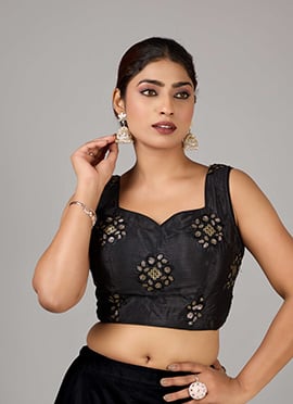 Black Chinon Embroidered Sleeveless Blouse