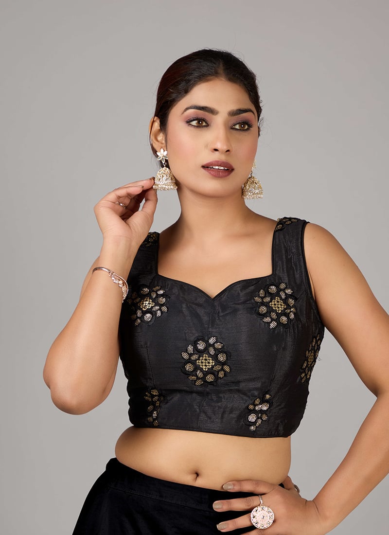 Black Chinon Embroidered Sleeveless Blouse Festive Wear