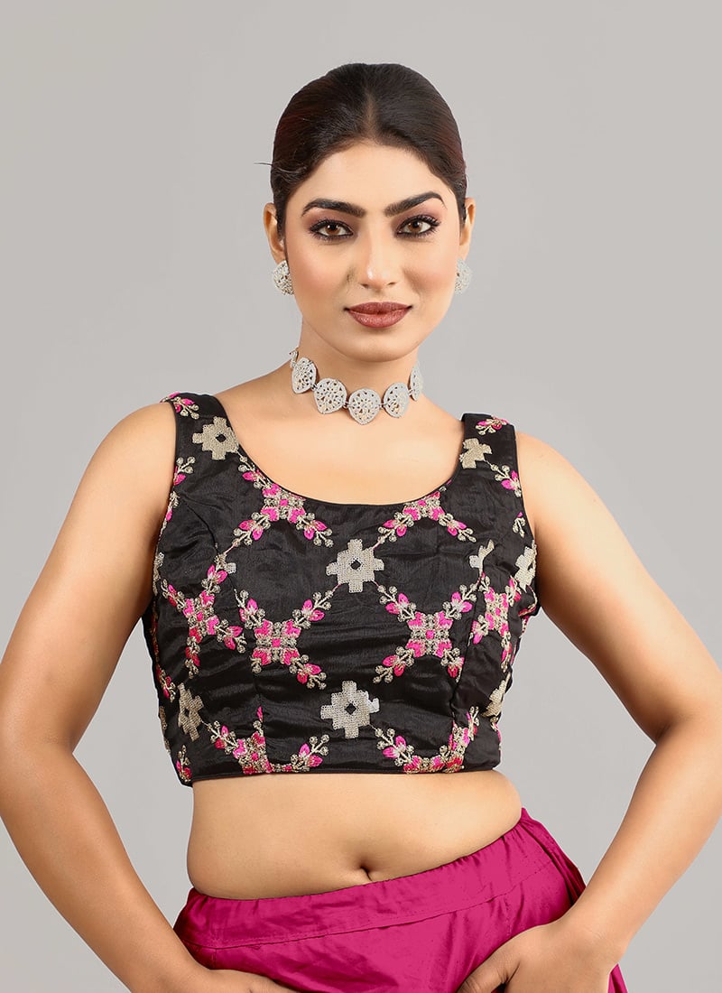 Black Chinon Embroidered Sleeveless Blouse Festive Wear