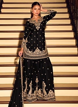 Black Chinon Silk Embroidered Sequins Sharara Suit