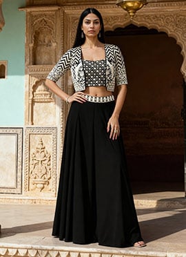 Black Chinon Silk Embroidered Sequins With Stone Work Indowestern Jacket Palazzo Set Wedding Wear