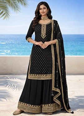 Black Chinon Zari Embroidered Sequins Palazzo Suit