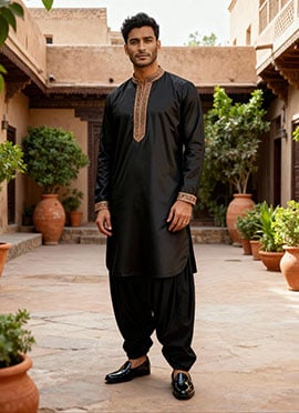 Black Cotton Embroidered Pathani Set