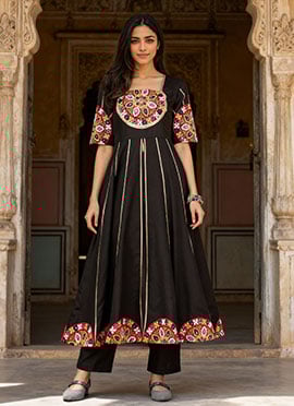 Black Cotton Mirror And Kutch Work Anarkali Set