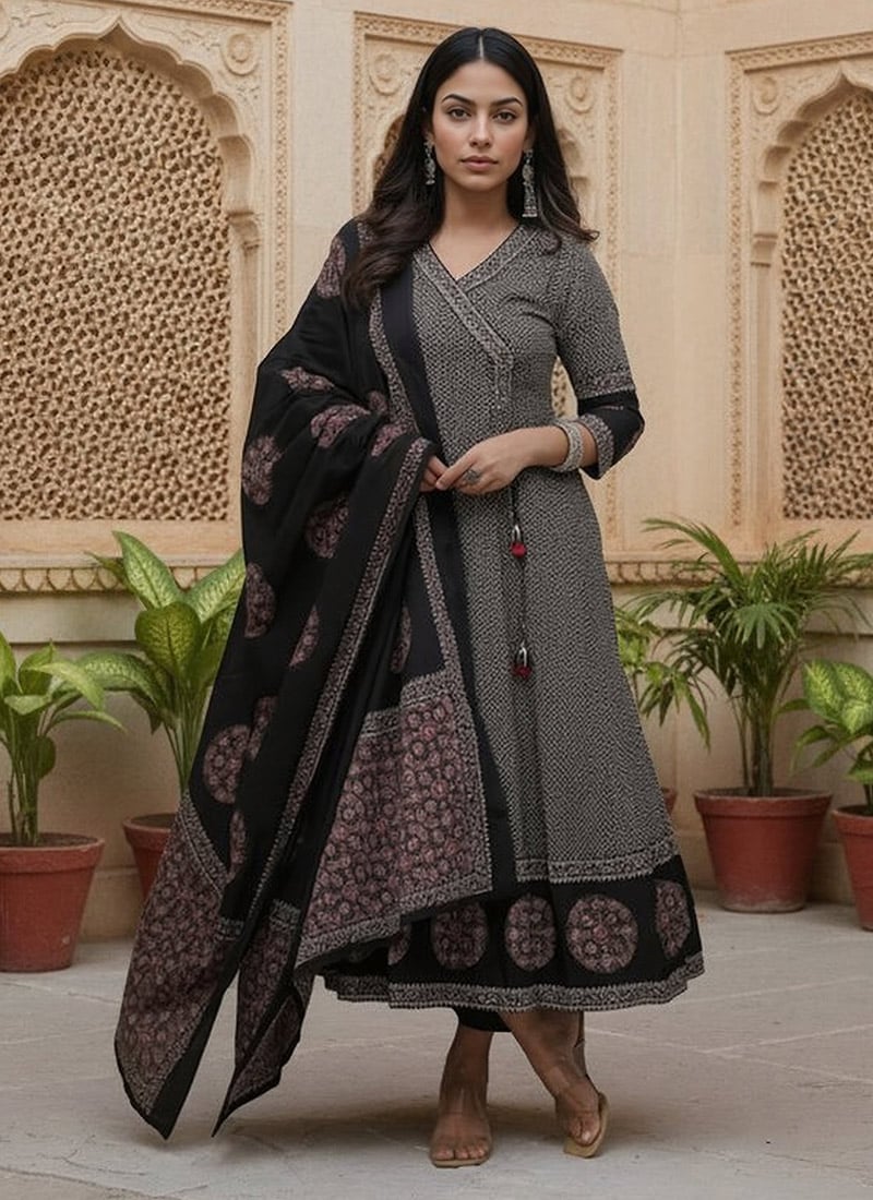 Black Cotton Printed Embroidered Angarkha Style Straight Pant Suit