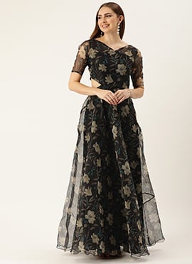 Black Digital Printed Organza Gown