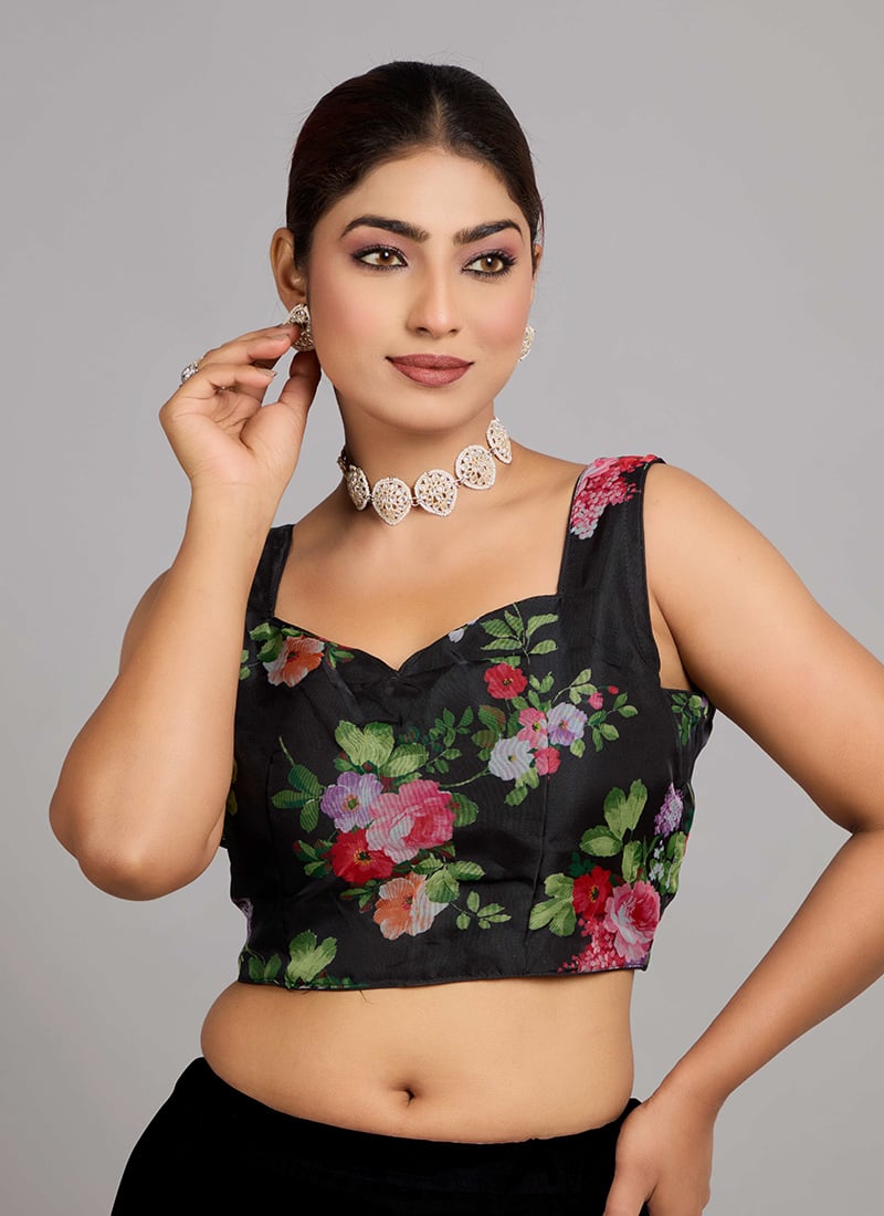 Black Digital Printed Organza Sleeveless Blouse Festive Wear