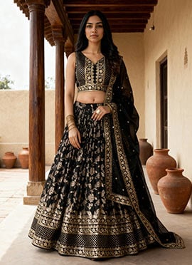 Black Dola Silk Jacquard Zari Embroidered Sequins Lehenga Wedding Wear