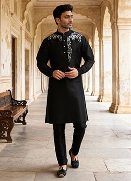 Black Dupion Embroidered Kurta Pyjama