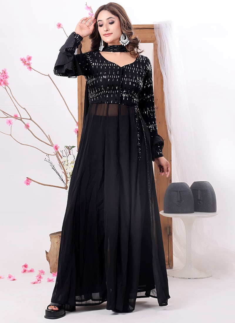 Teen Girls Black Embroidered Anarkali Suit Party Wear
