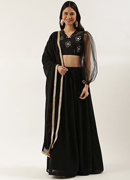 Teen Girls Black Embroidered Blouse N Gathered Lehenga