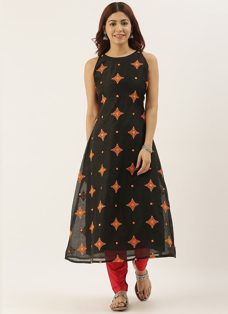 Black Embroidered Cotton Narrow Straight Pant Set After Six Wear