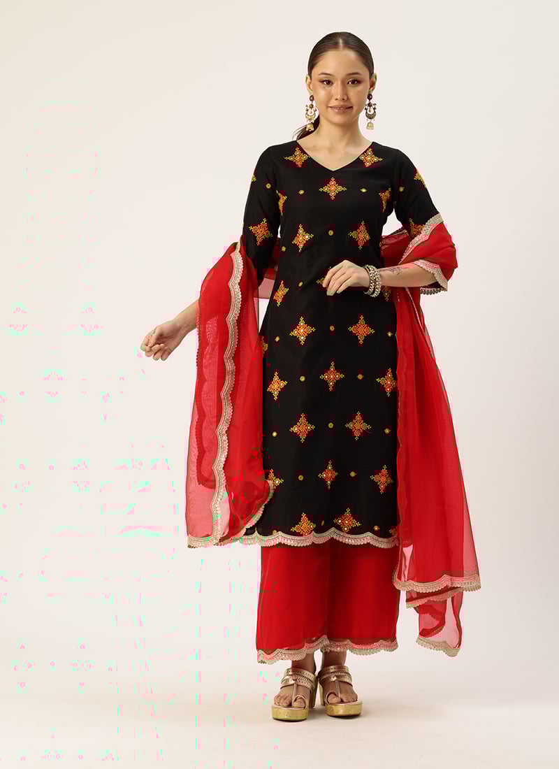 Teen Girls Black Embroidered Cotton Wide Leg Pant Suit