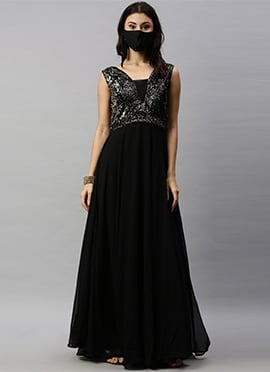 Black Embroidered Georgette Floor Length Gown