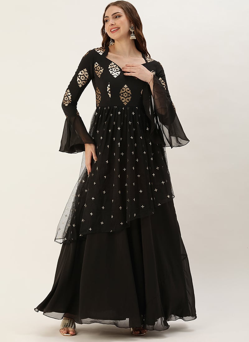 Black Embroidered Georgette Gown Party Wear