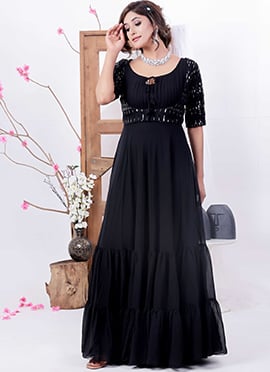 Teen Girls Black Embroidered Georgette Jacket Style Gown