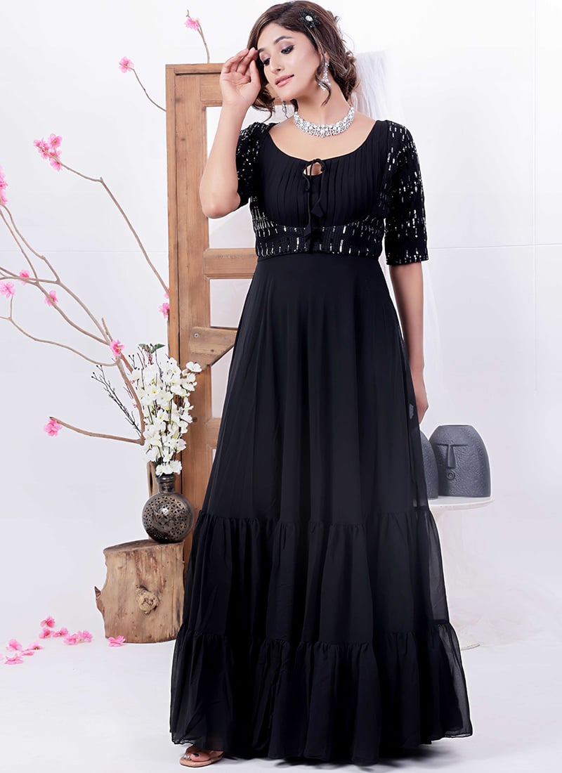 Black Embroidered Georgette Jacket Style Gown Festive Wear