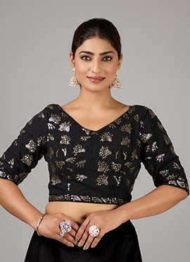 Black Embroidered Georgette V Neck Blouse