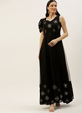 Black Embroidered One Shoulder Gown