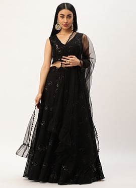 Black Embroidered Organza Lehenga Set