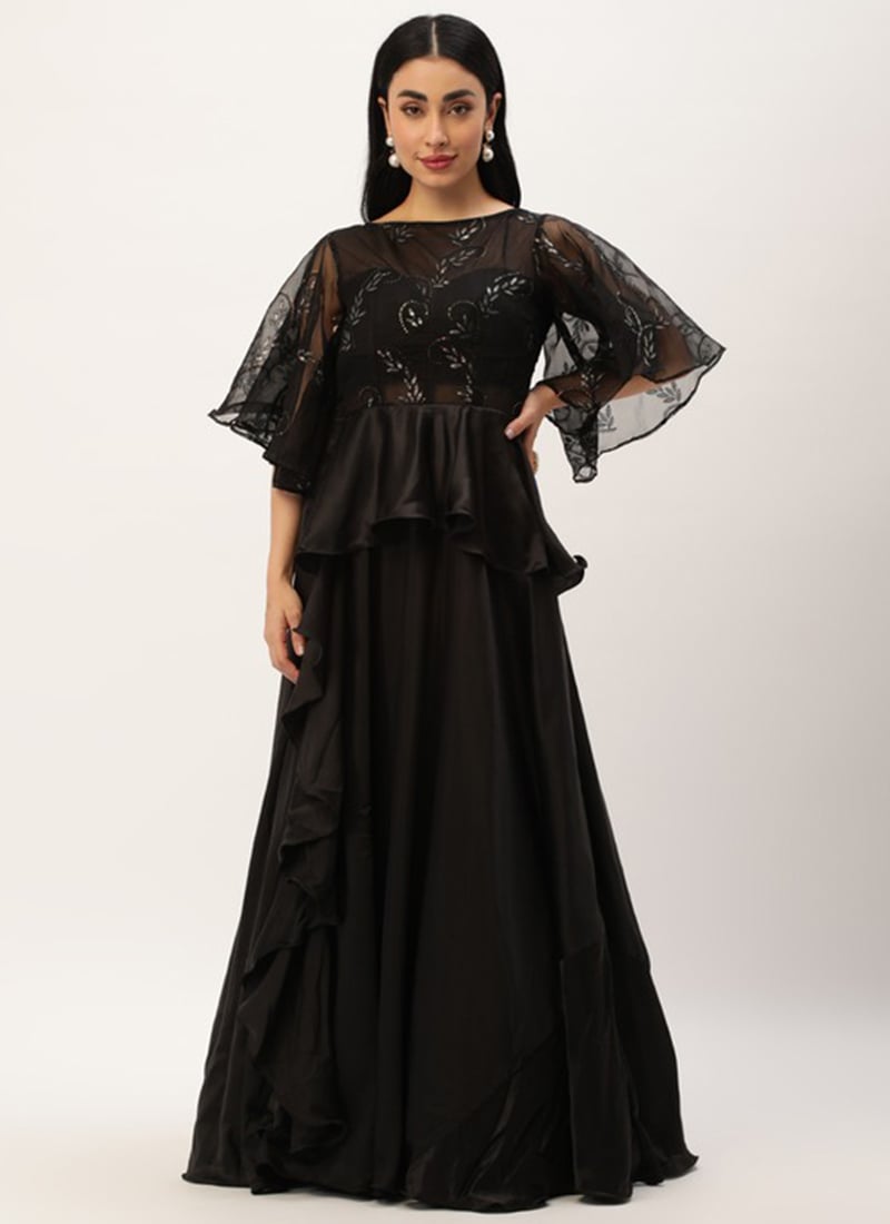 Black Embroidered Organza N Satin Gown Party Wear