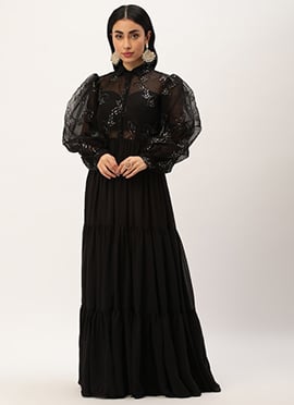 Black Embroidered Organza Tiered Style Gown