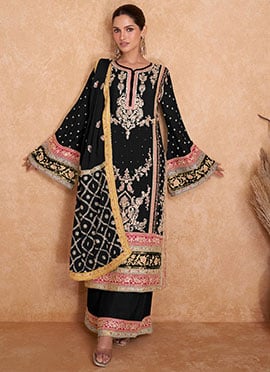Black Embroidered Sequins Chinon Pakistani Palazzo Suit