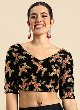 Black Embroidered Velvet Blouse