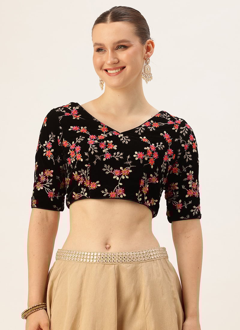 Black Embroidered Velvet Blouse Wedding Wear