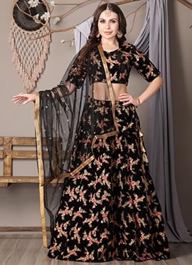Black Embroidered Velvet Lehenga