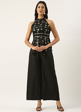 Teen Girls Black Embroidered Wide Leg Pant Set