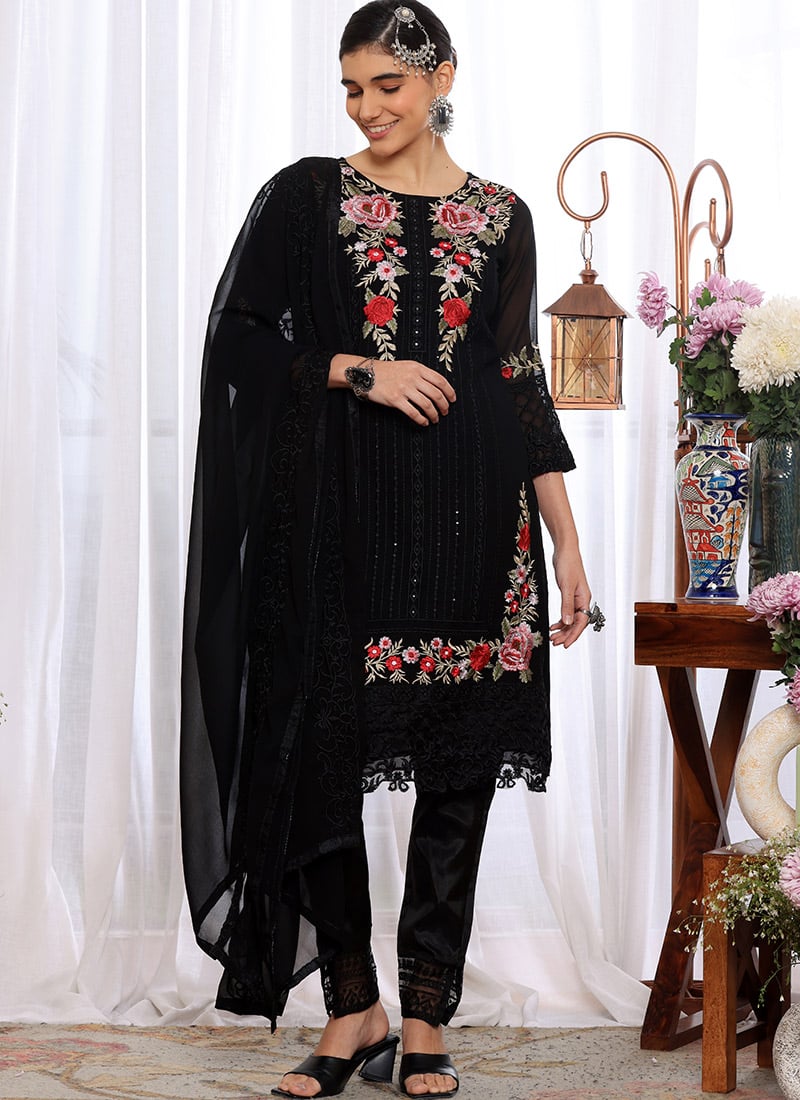 Black Faux Georgette Embroidered Pakistani Suit Party Wear