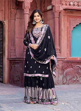 Black Faux Georgette Embroidered Sequins Sharara Suit Festive Wear