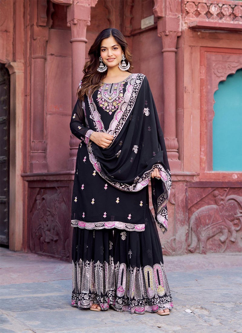 Black Faux Georgette Embroidered Sequins Sharara Suit Festive Wear