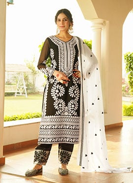 Black Faux Georgette Embroidered Sequins Straight Pant Suit