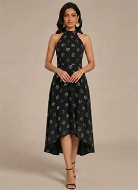 Black Faux Georgette Halter High Low Dress