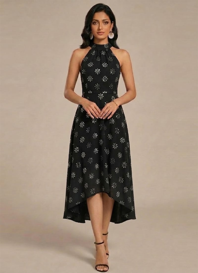 Black Faux Georgette Halter High Low Dress After Six Wear