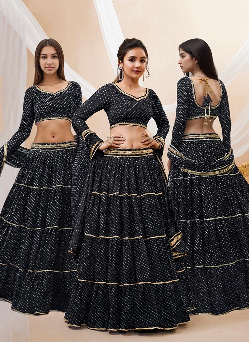 Black Faux Georgette Leheriya Print Party Wear Umbrella Lehenga With Gota