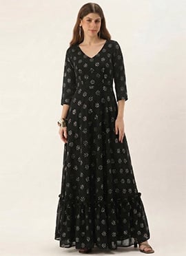 Black Faux Georgette Printed Maxi Gown