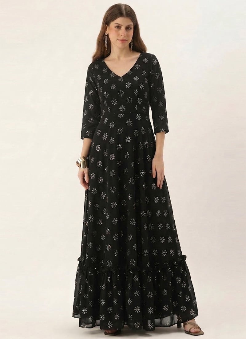 Black Faux Georgette Printed Maxi Gown After Six Wear