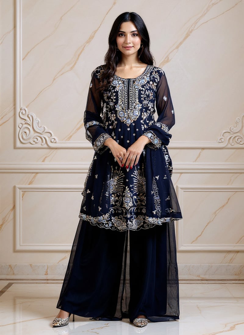 Black Faux Georgette Sequins Sharara Suit Festive Wear