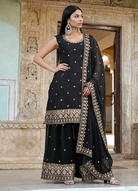 Black Faux Georgette Zari Embroidered Sequins Palazzo Suit